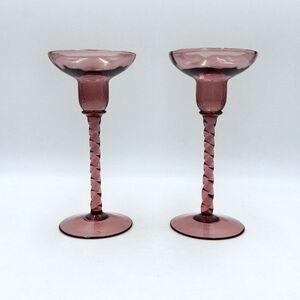 Italian Glass Taper Candle Holders Twisted Stem Amethyst Purple 7 1/4 Inch Pair